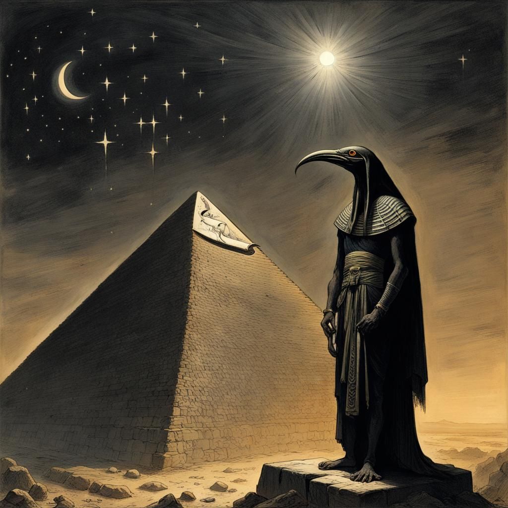 Thoth with Bird Face Near Pyramid in Darkness