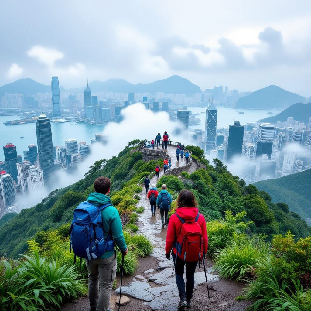 Hikers at Victoria Peak in Dreamy Digital Painting