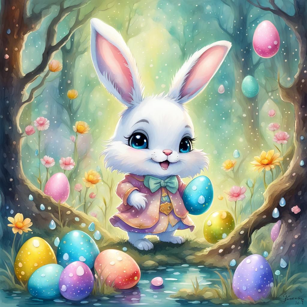 Chibi Easter Bunny in Enchanted Forest, Digital Art