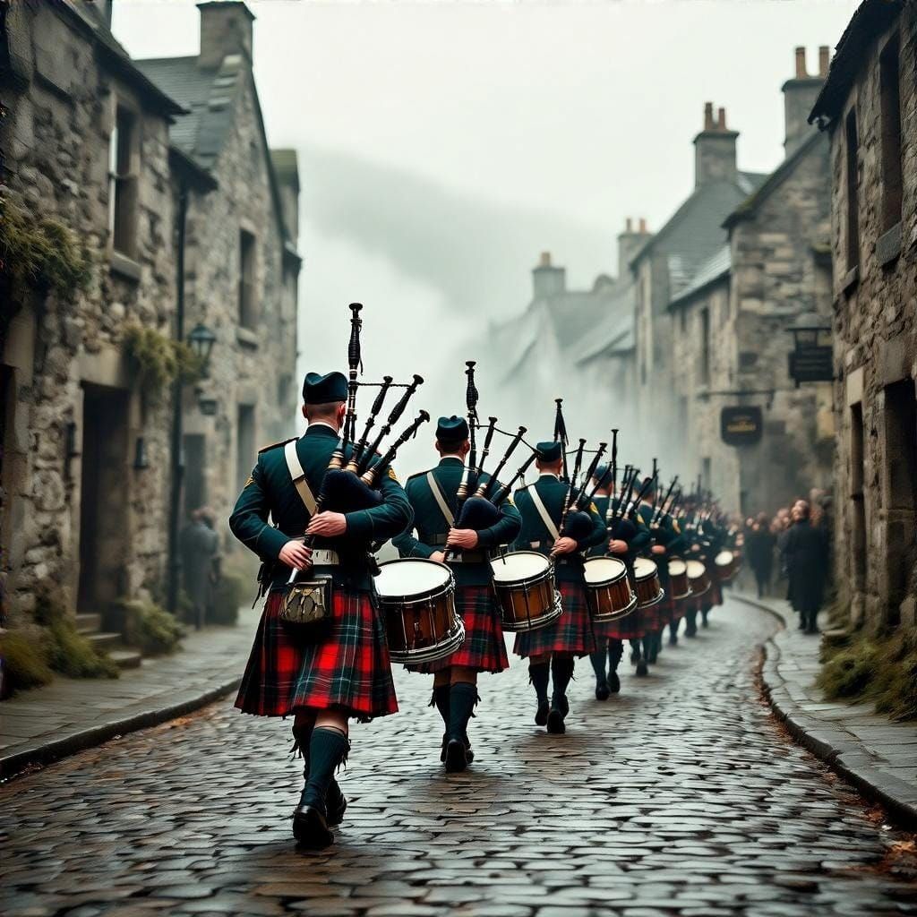 Military Bagpipe Band in Misty Stone Street