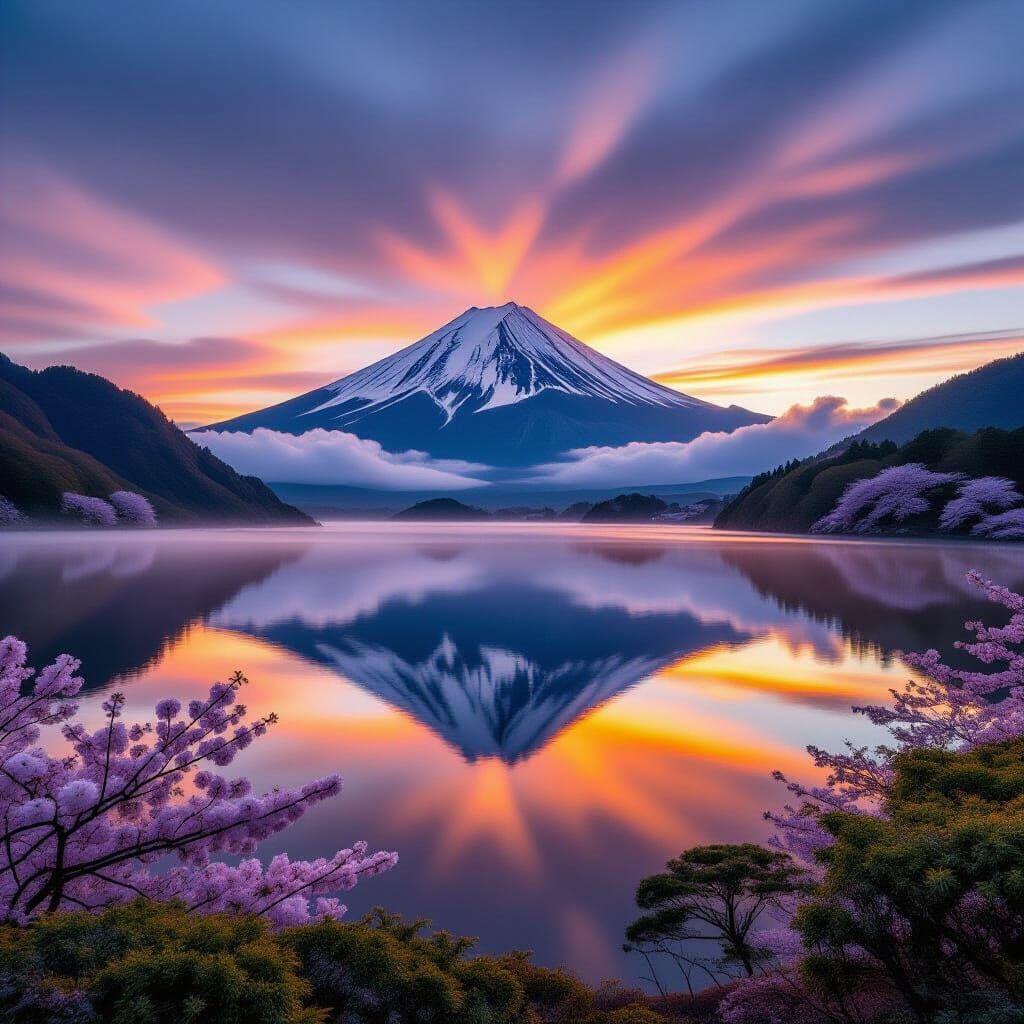 Mount Fuji Sunrise in Ansel Adams Style