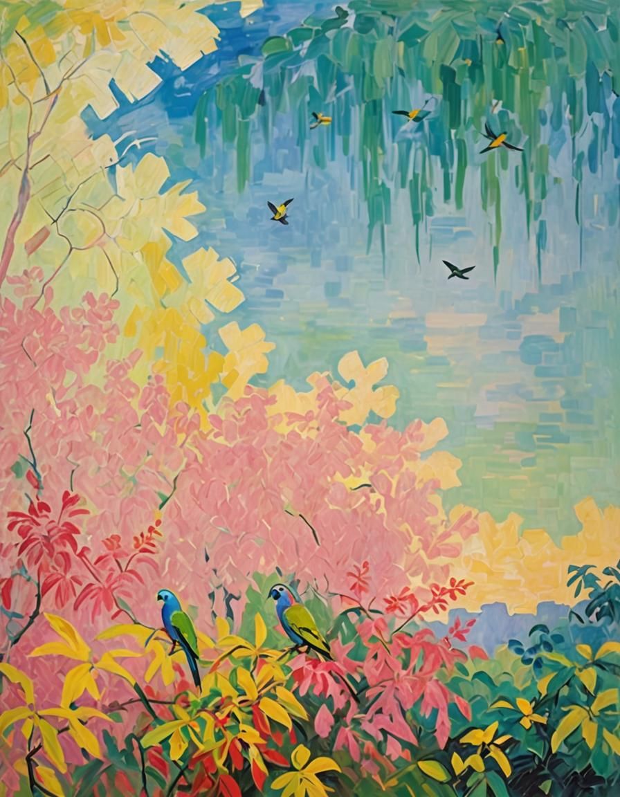 Vibrant Jungle Scene with Parakeets as Impasto Painting