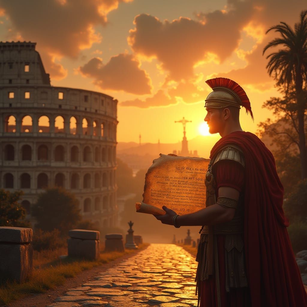Ethereal Ancient Rome Sunset with Colosseum and Roman Soldie...