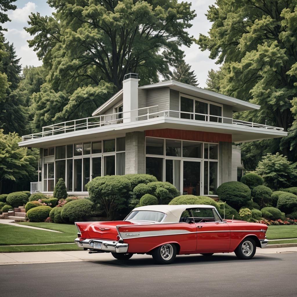 Red 1957 Chevy Nova at Modern House