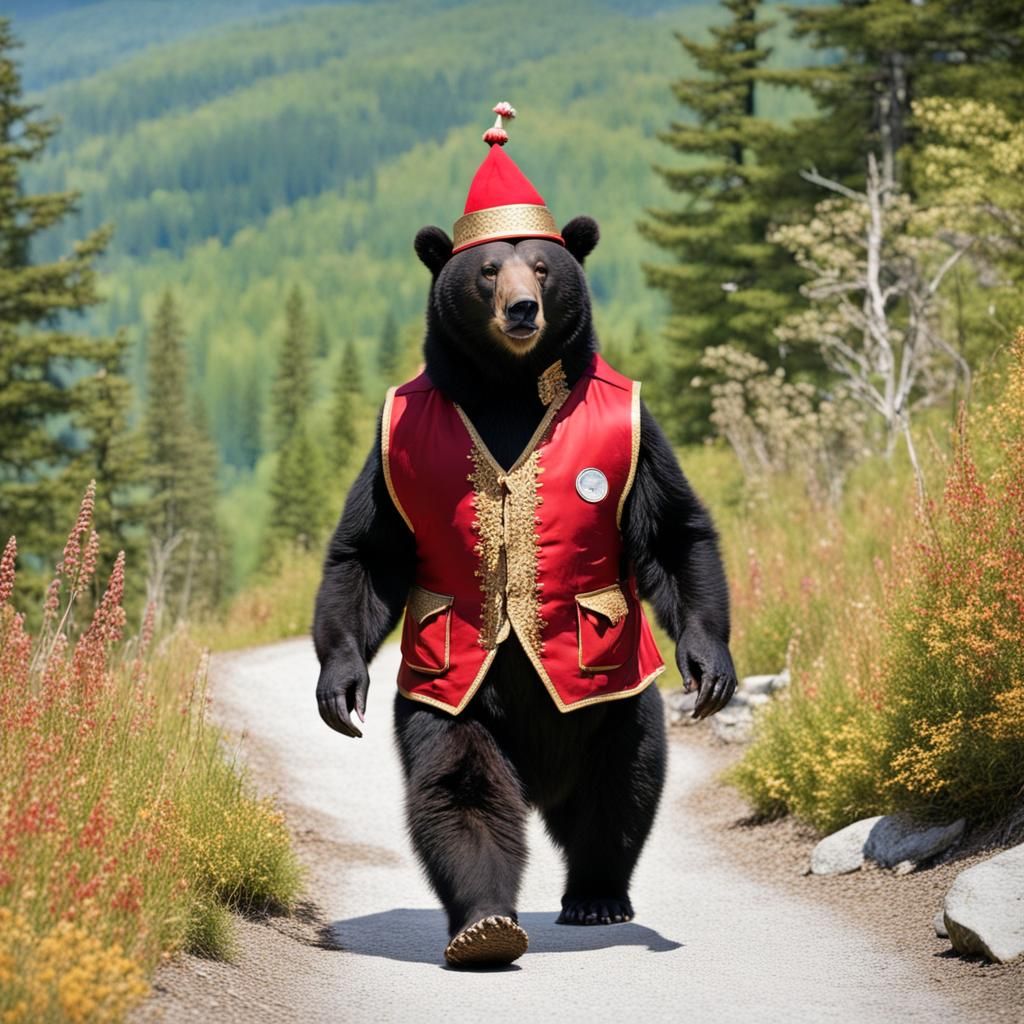 Upright Bear in Vest and Fez Walks Mountain Path