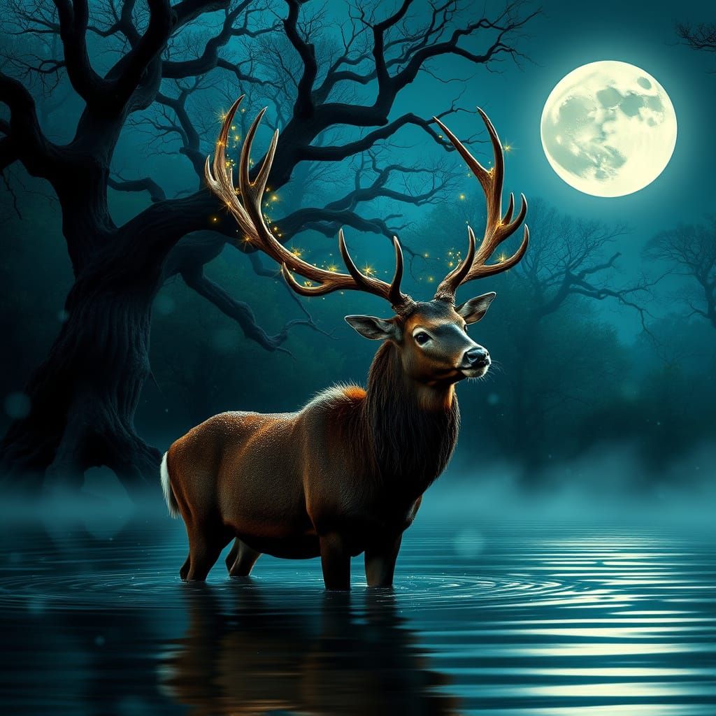 Moonlit Stag with Fireflies: A Romantic Vision