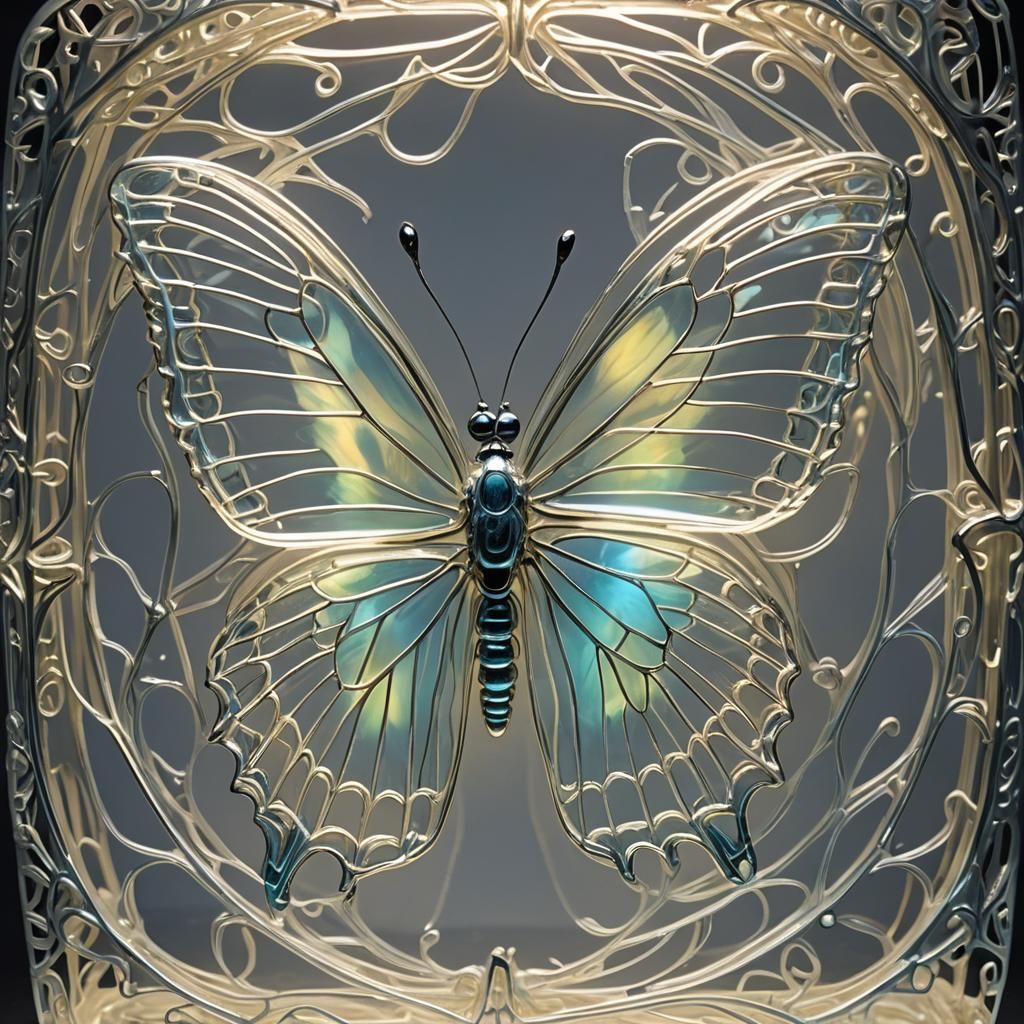 Bioluminescent Glass Butterfly in Cage: Hyperrealistic Art