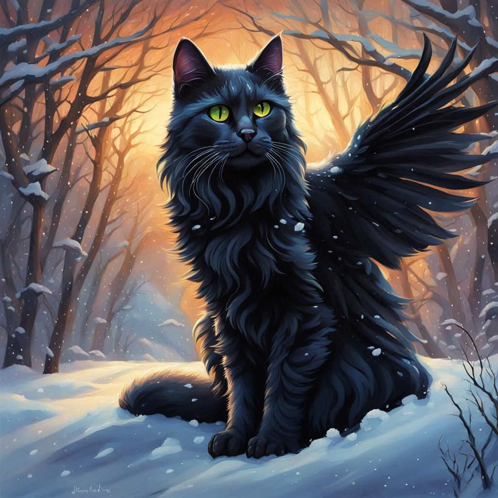 Winged Black Cat in Snow: Fantasy Art