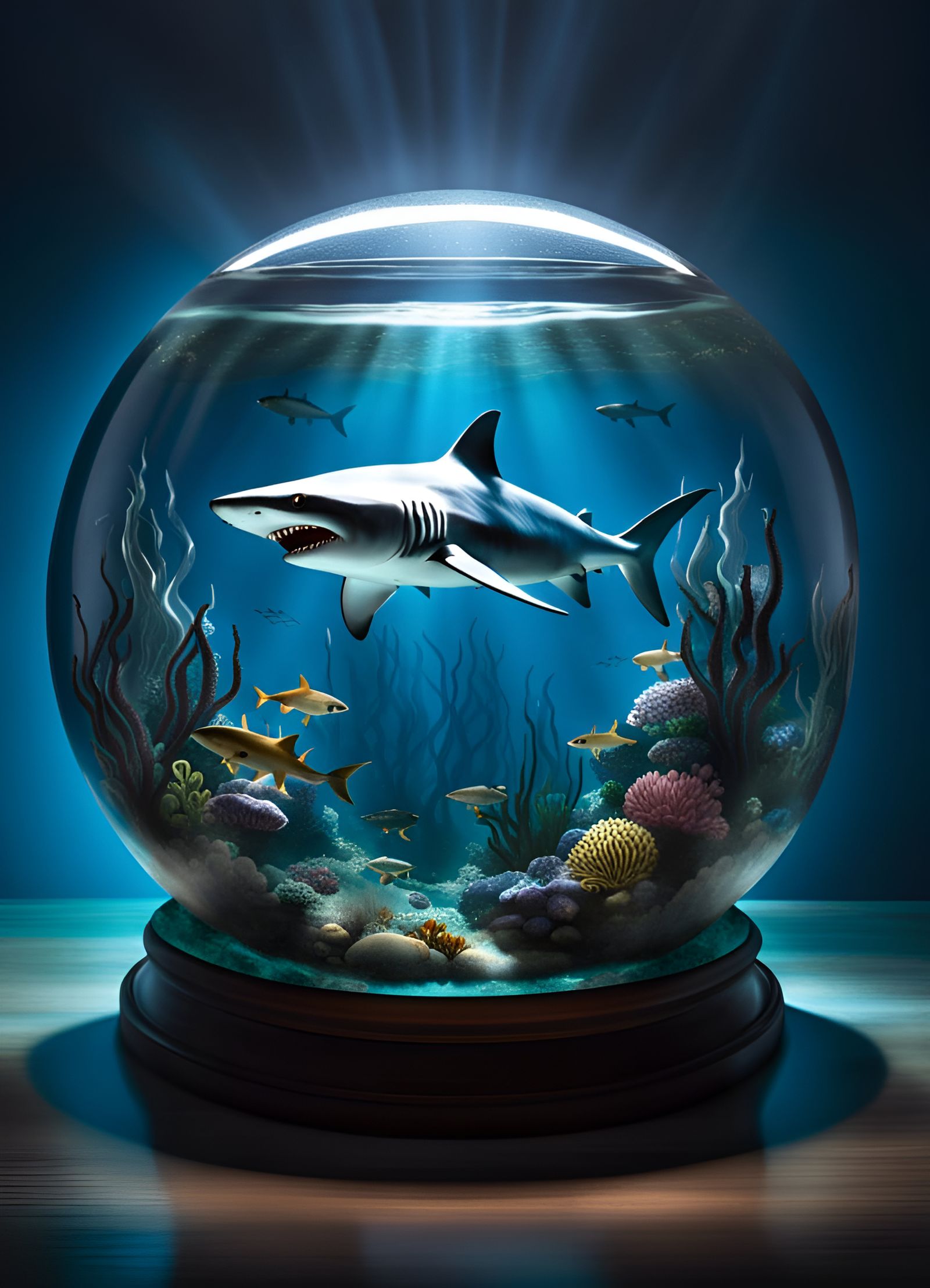 Shark in Glass Sphere Terrarium Underwater: Hyperrealistic