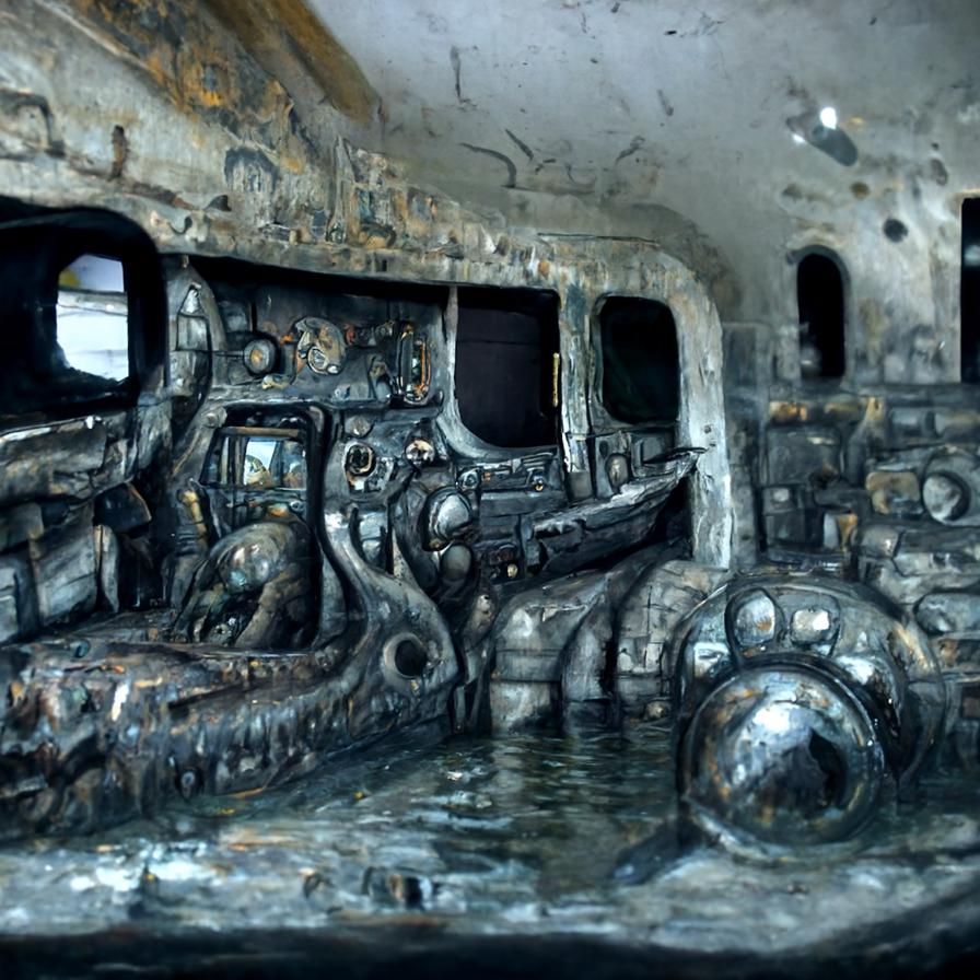 Rusty Submarine Interior with Sea Monsters