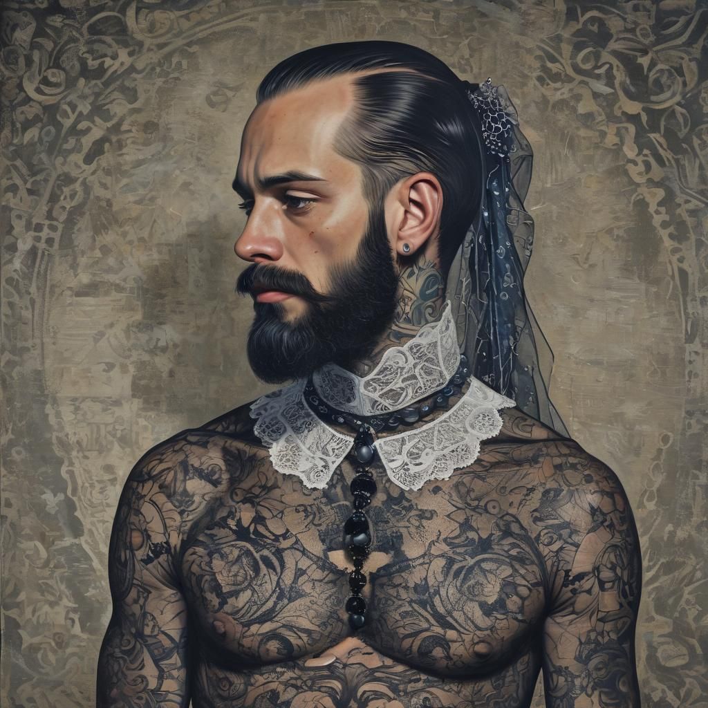 Bearded Man in Lace: Cyberpunk Oil Painting