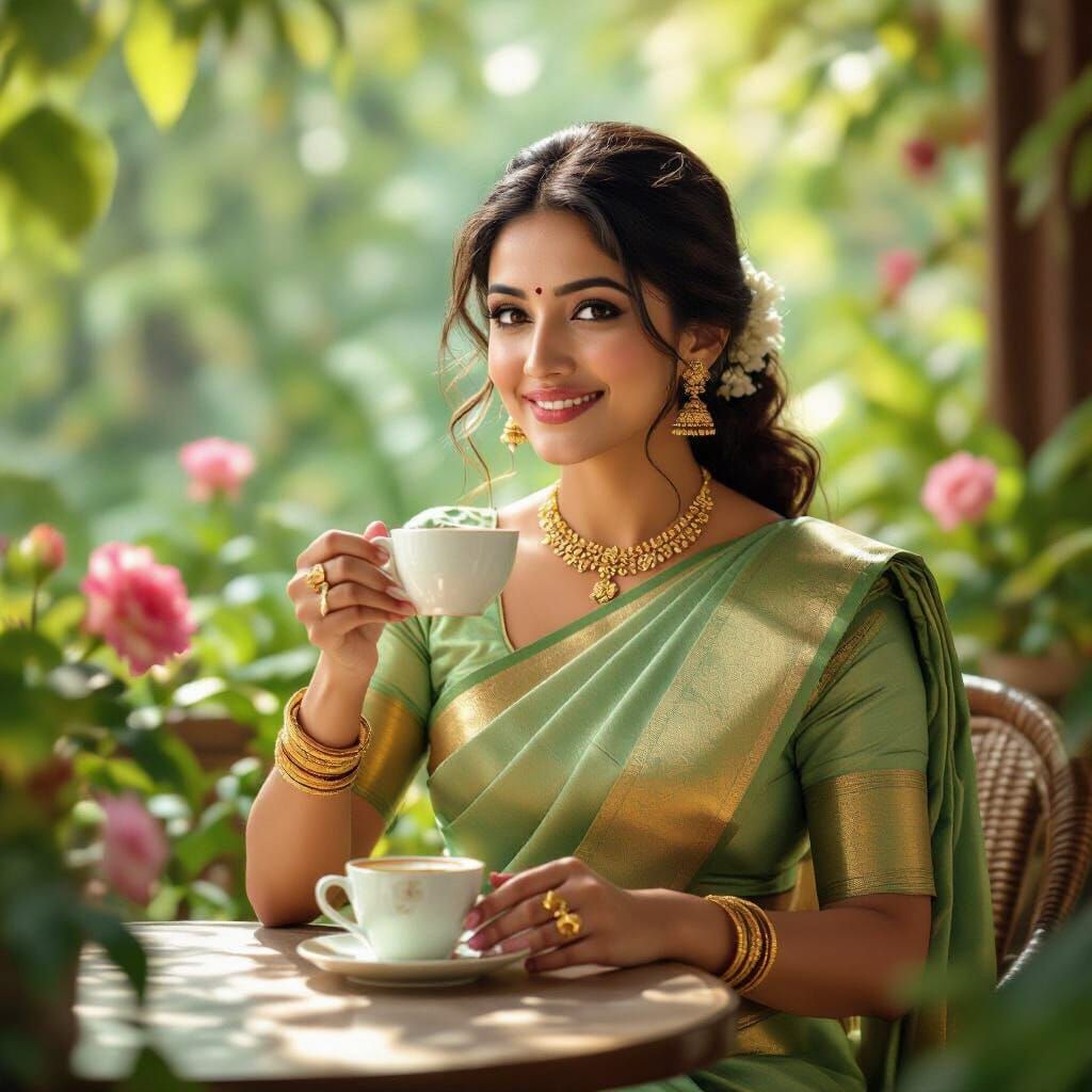 South Indian Woman Enjoying Coffee, Hyper-Realistic Digital ...