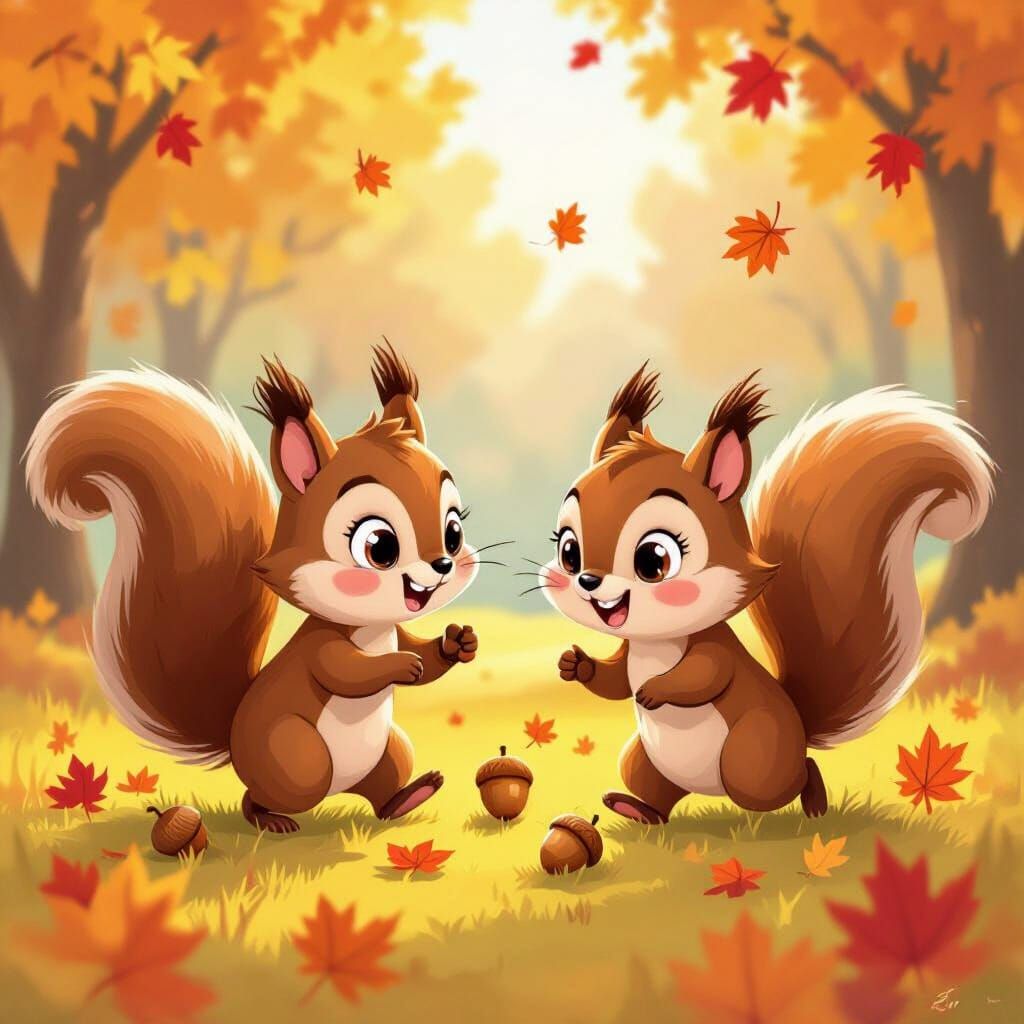 Joyful Squirrels in Autumn Park Storybook Style