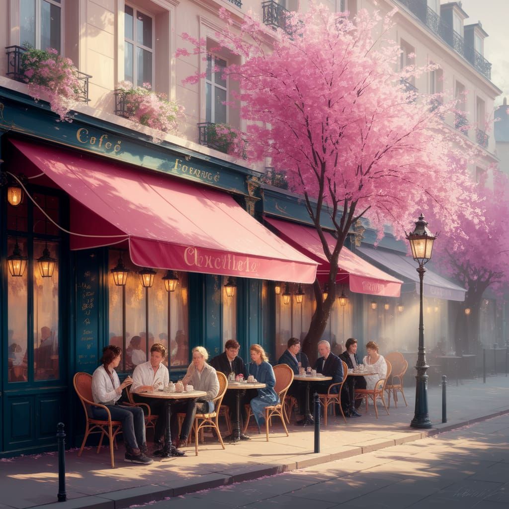 Springtime French Cafe in Impressionist Style