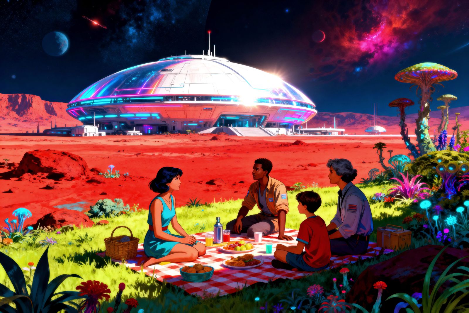 Family Picnic in Futuristic Mars Colony