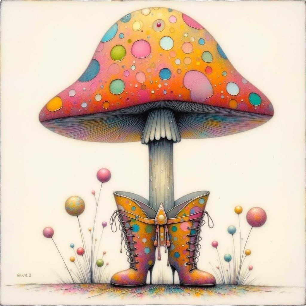 Whimsical Mushroom in Bright Boots, Abstract Style