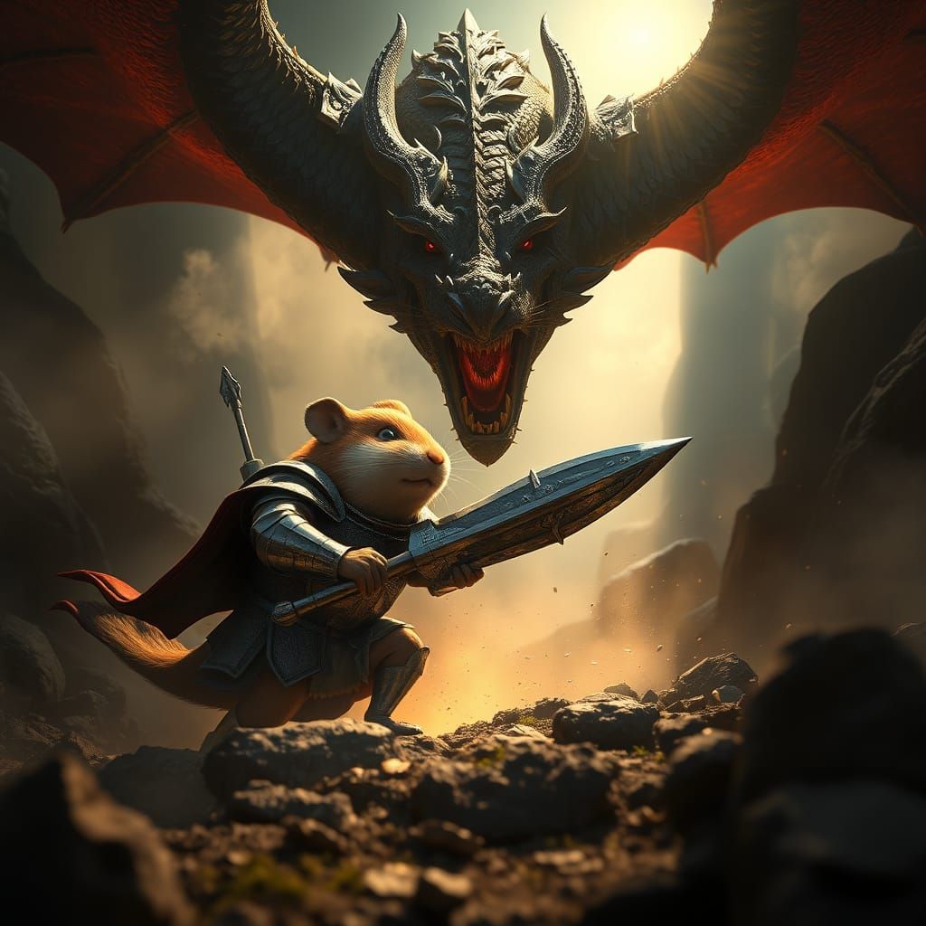 Hamster Knight Dragon Battle: Fantasy Concept Art