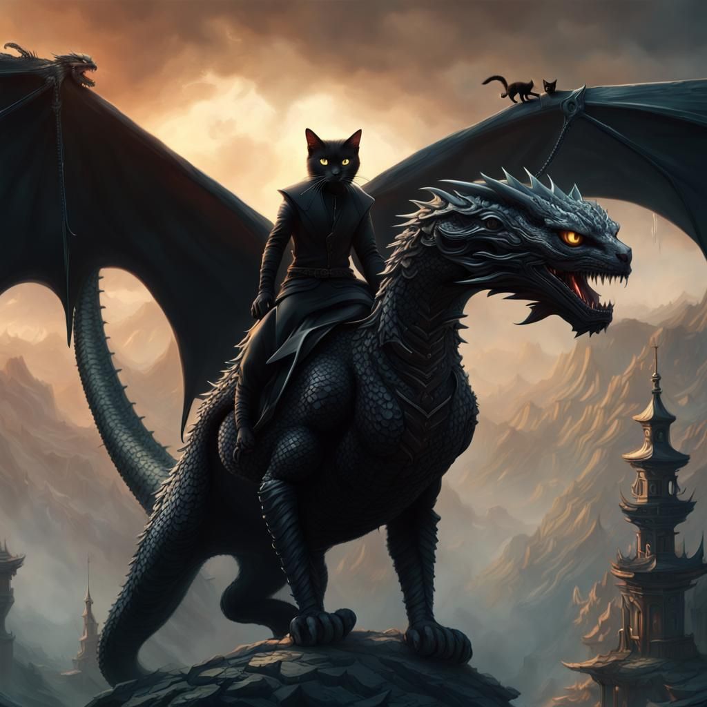Epic Black Cat Rides Dragon in Digital Painting