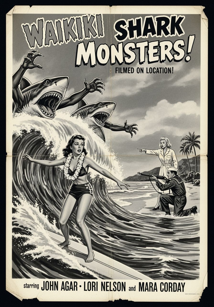 Waikiki Shark Monsters! 1950s Movie Poster