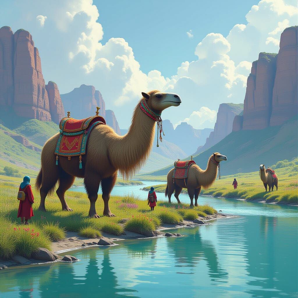 Macrauchenia with Khajiit Nomads in Elsweyr Landscape