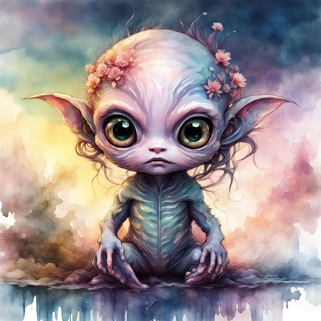 Chibi Alien Monster in Watercolor Sunset