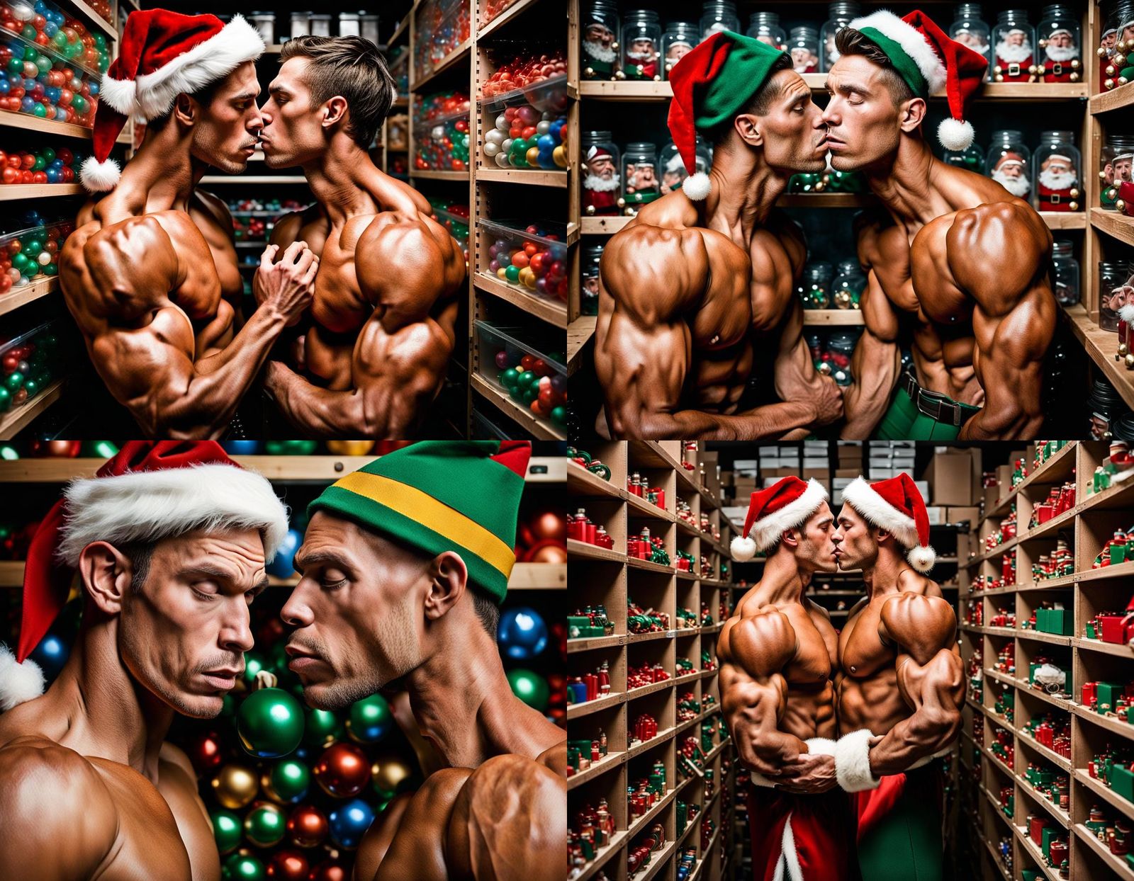 Two of Santa's elves, young muscular gay male couple, shirtl...
