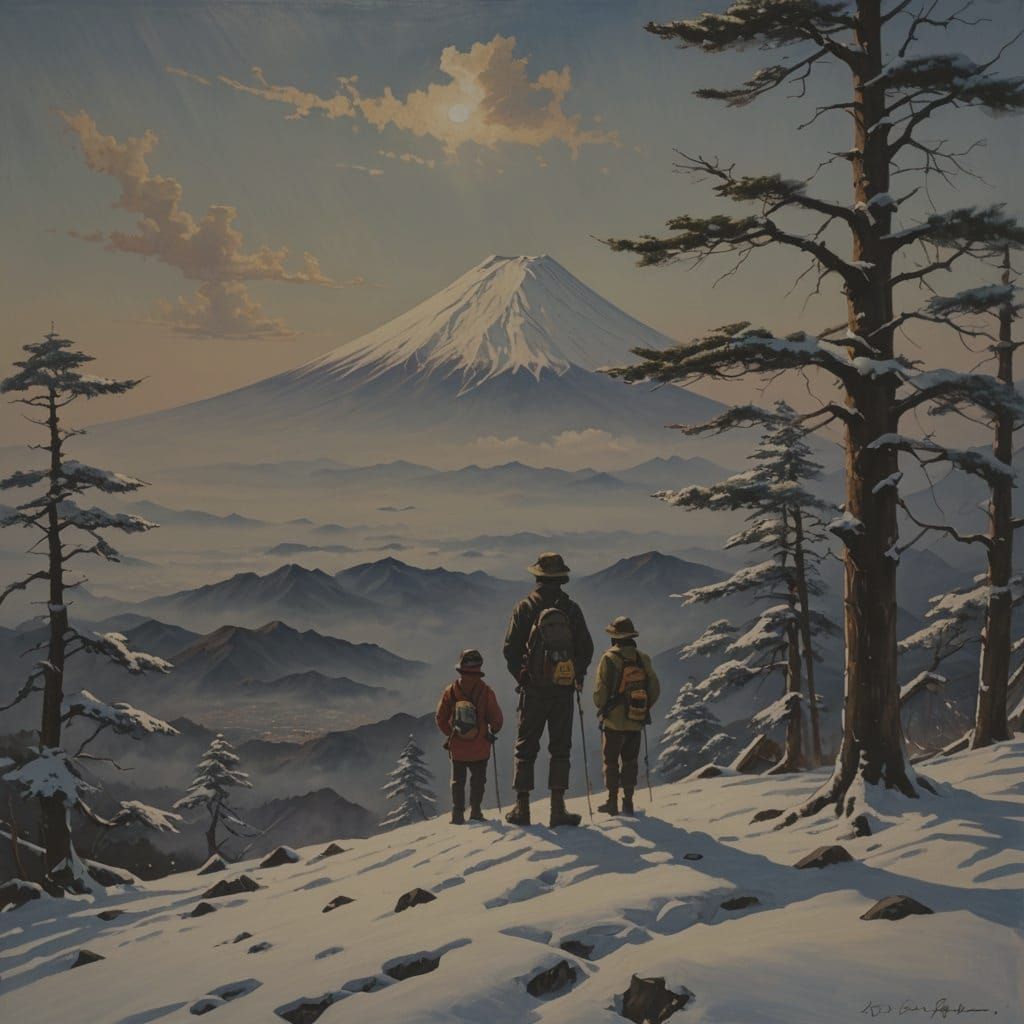 Family on Mount Fuji: Oil Painting