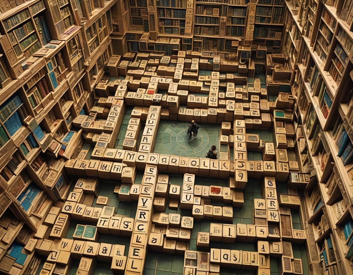 Labyrinthine Scrabble Library with Ancient Tomes
