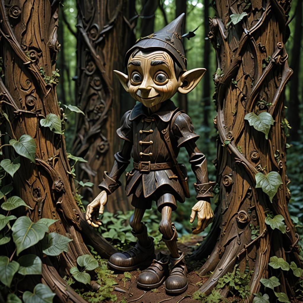 Gothic Wood Carving of Pinocchio in Dark Forest