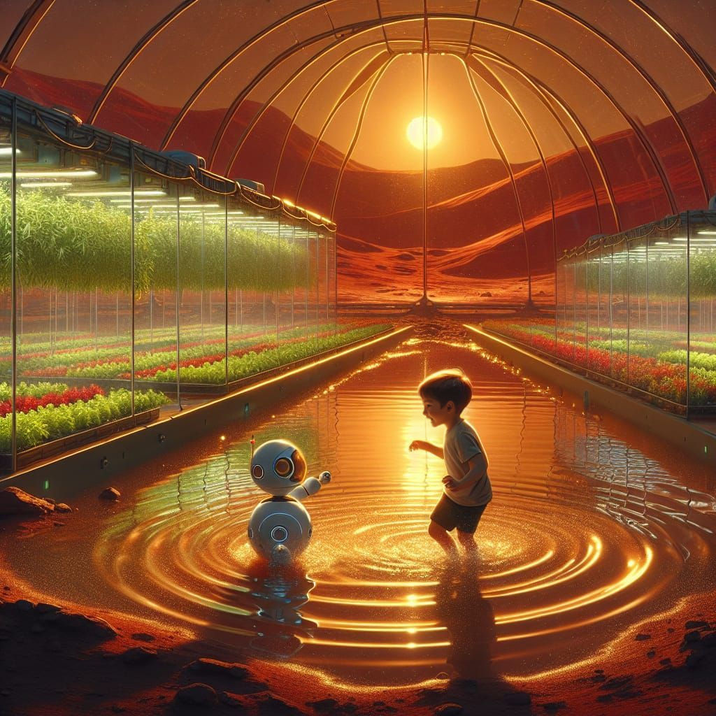 Boy and Robot Play in Mars Dome Under Red and Gold Light
