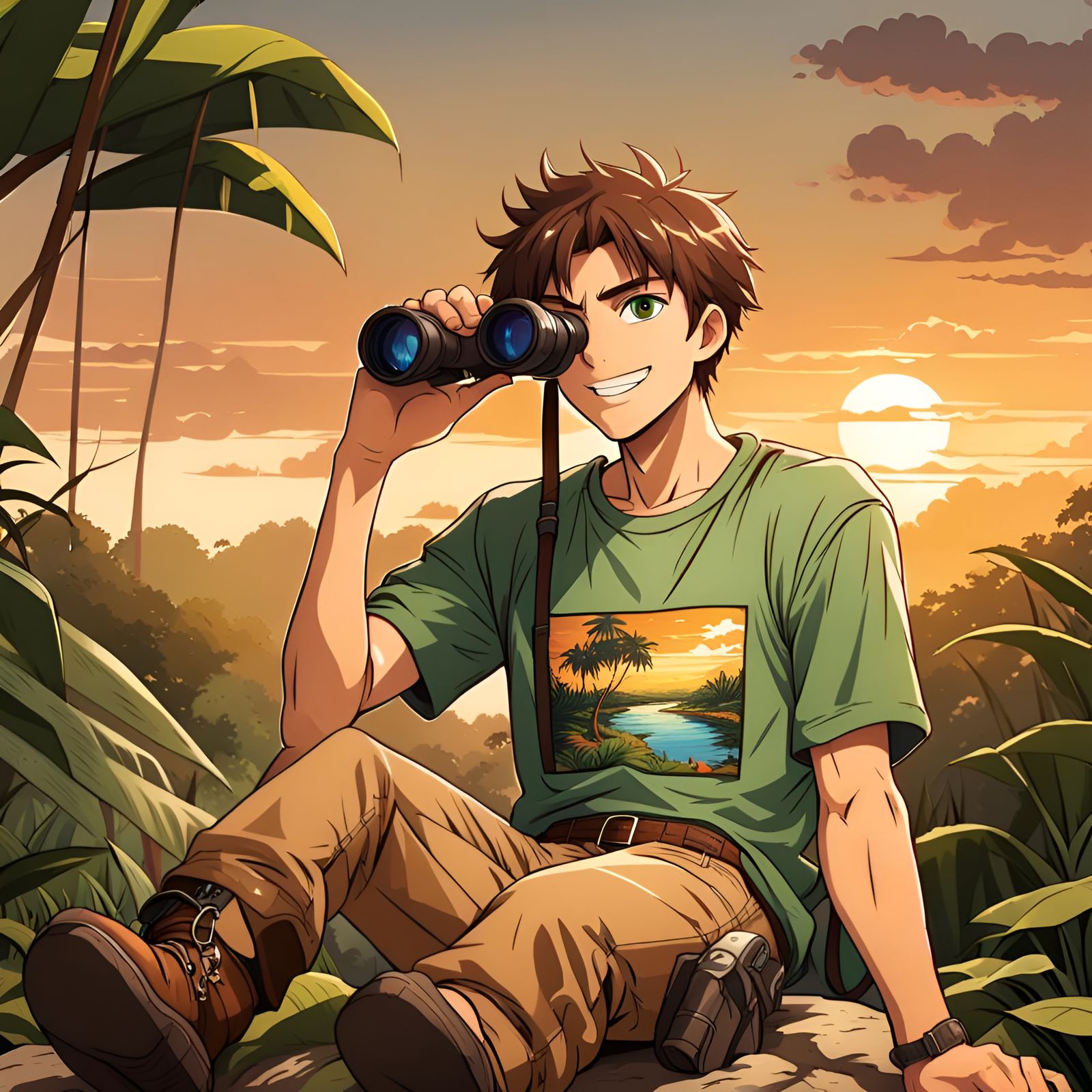 Anime Teen Adventurer Relaxing in Jungle at Sunset
