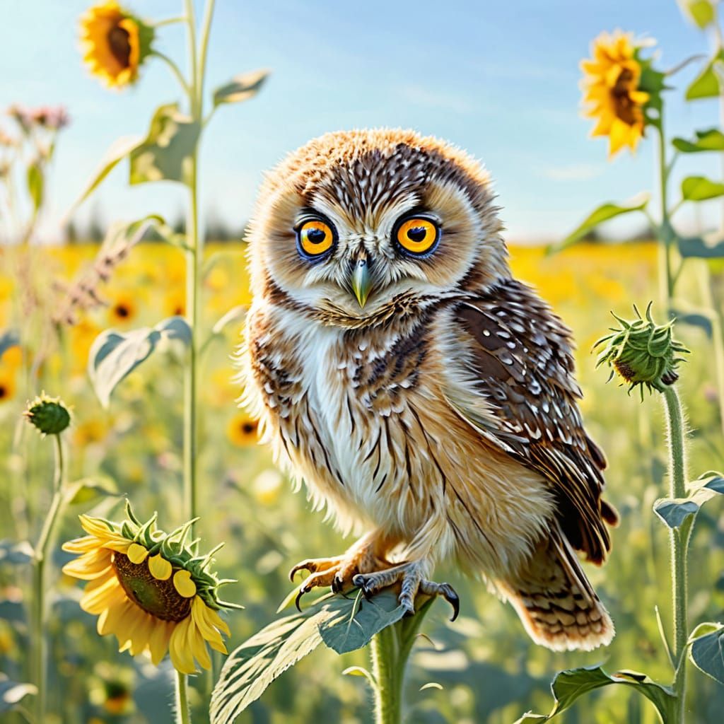 Fluffy Owlet on Sunflower in Meadow Watercolor