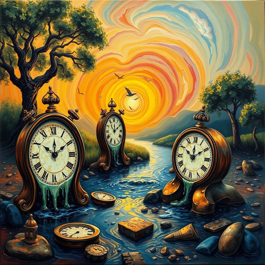 Une peinture artistique surréaliste DES montres molles, de Dali, dans un jardin d'eden avec une rivière à coté, des arbr...