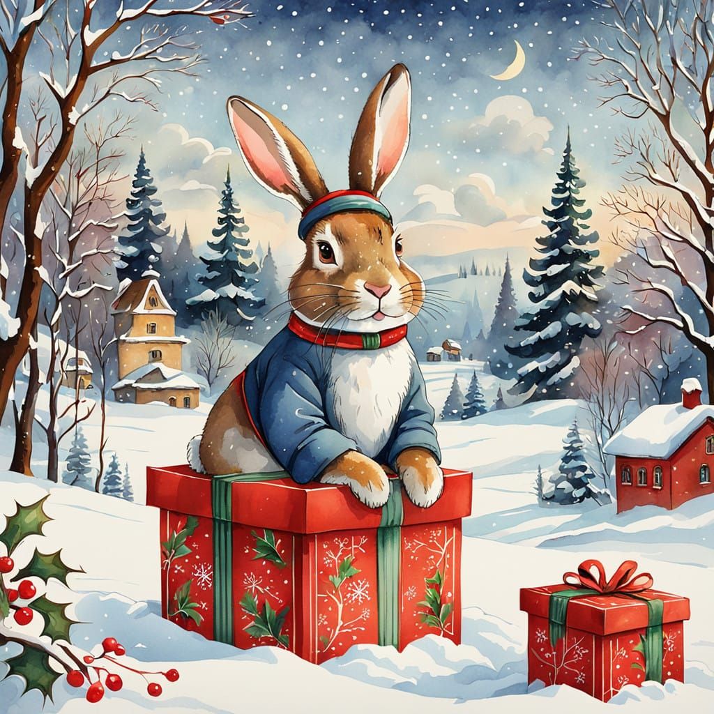 Vintage Russian Christmas Card with Rabbit in Ushanka Hat