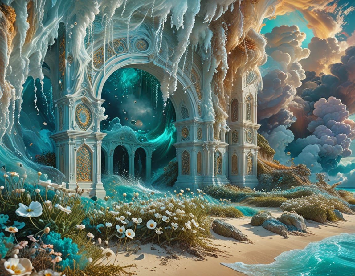 Surreal Nordic Beach Scene with Swirling Portal and Iridesce...