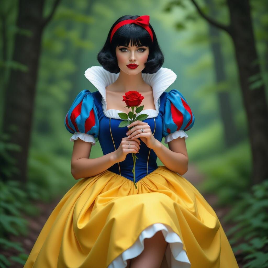 Photorealistic Snow White in Forest with Red Rose