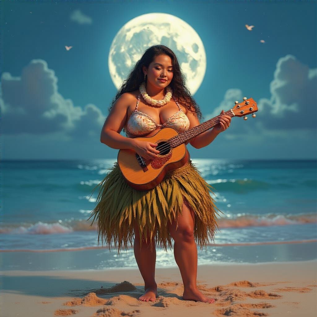 Hawaiian Woman Plays Ukulele: Hyperrealistic Digital Art