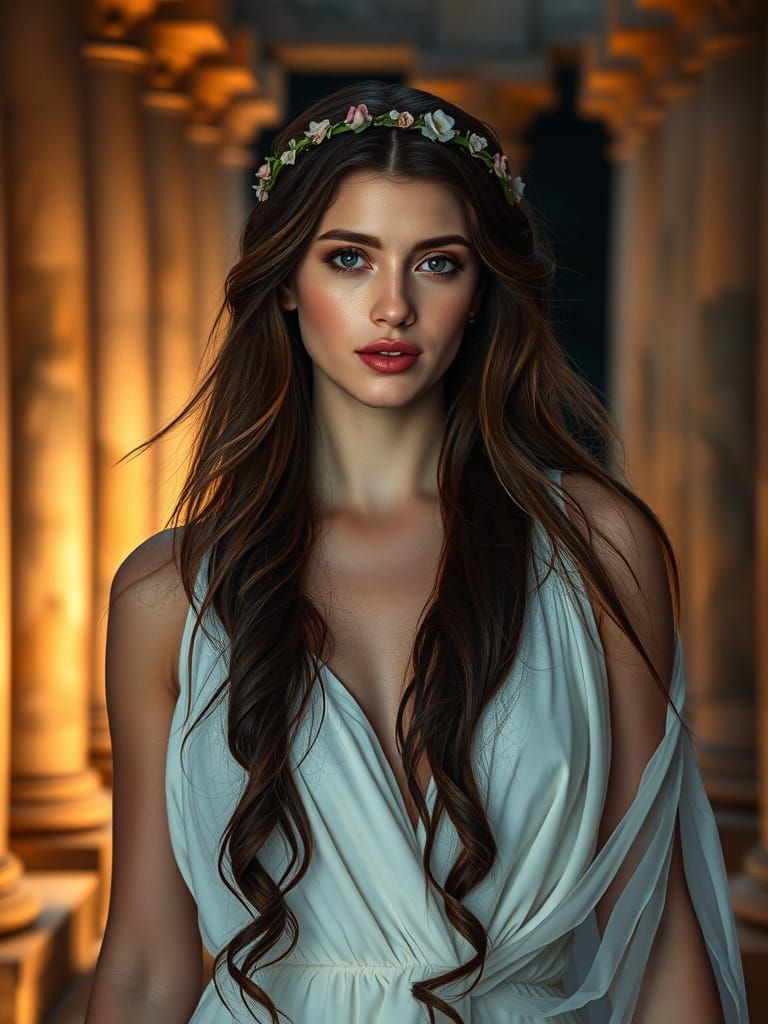 Classical Goddess of Love Walks in Elegance Near Ancient Col...