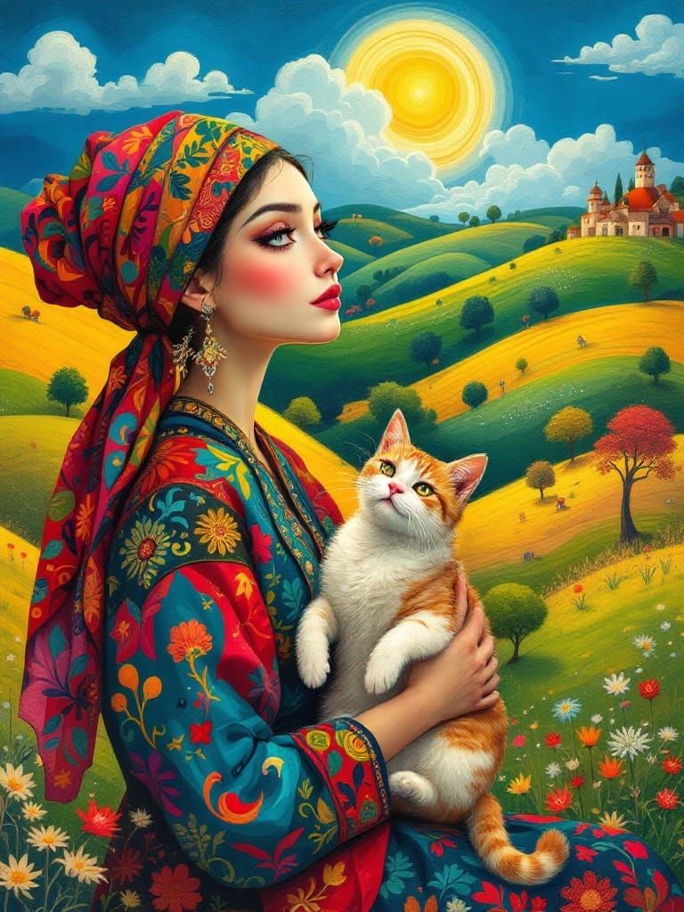 Stylized Woman with Cat in Folkloric Landscape