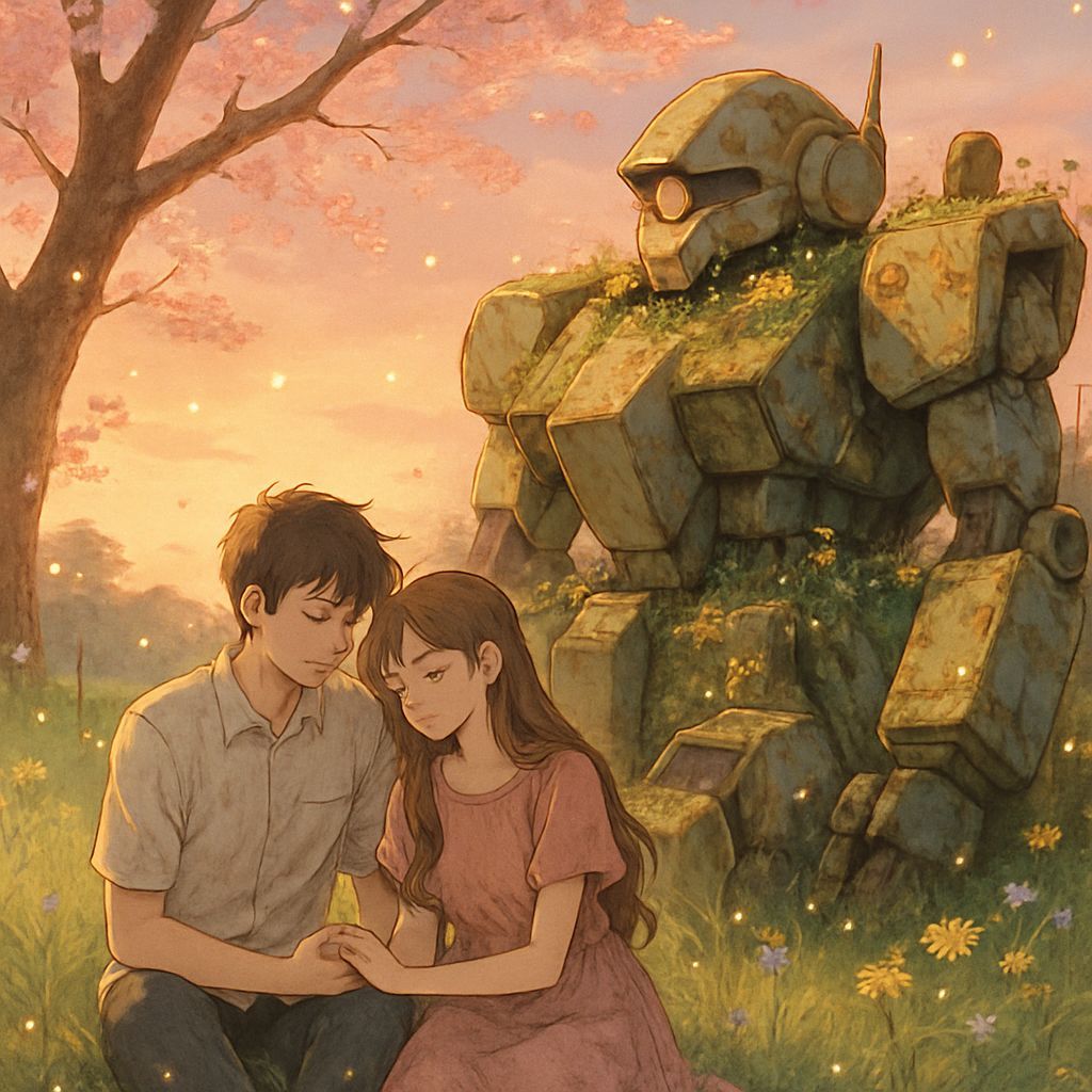 Anime Mecha Guardian in Sunset Meadow