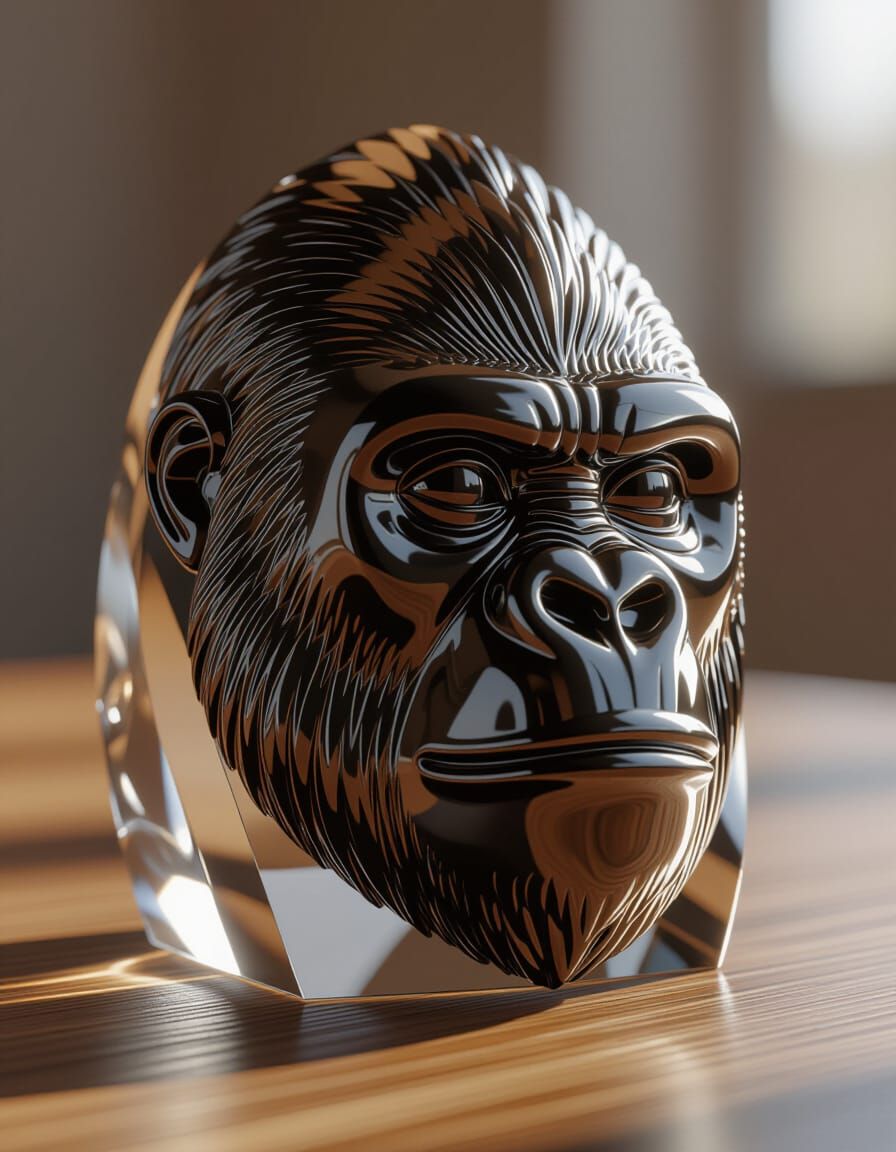 Smoky Quartz Gorilla Head Statuette in Photorealistic Style