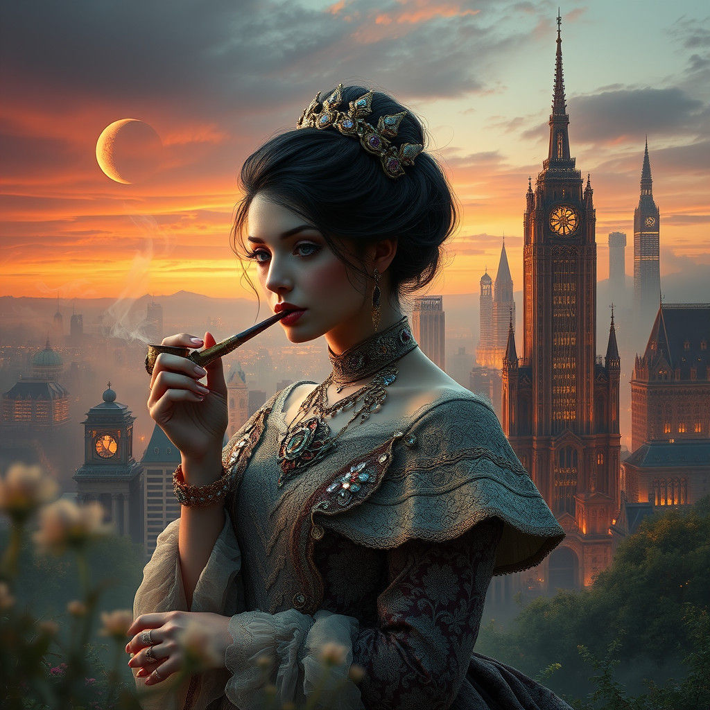 Victorian Woman Smoking Pipe in Mystical Cityscape