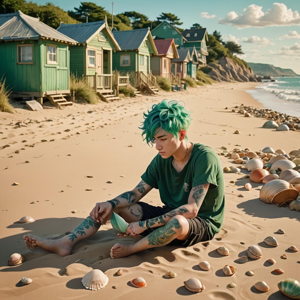 Green Haired Boy on Beach in Anime Style