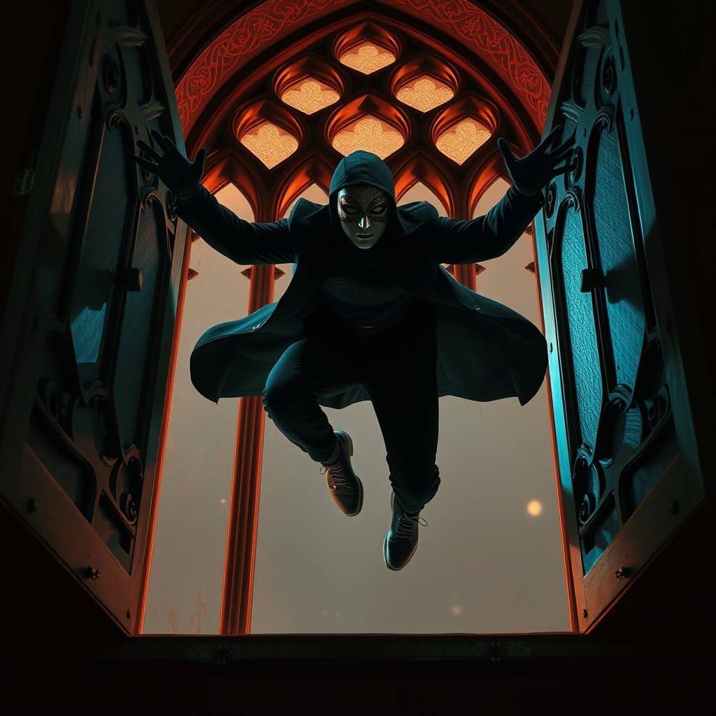 Masked Figure Leaps from Gothic Window