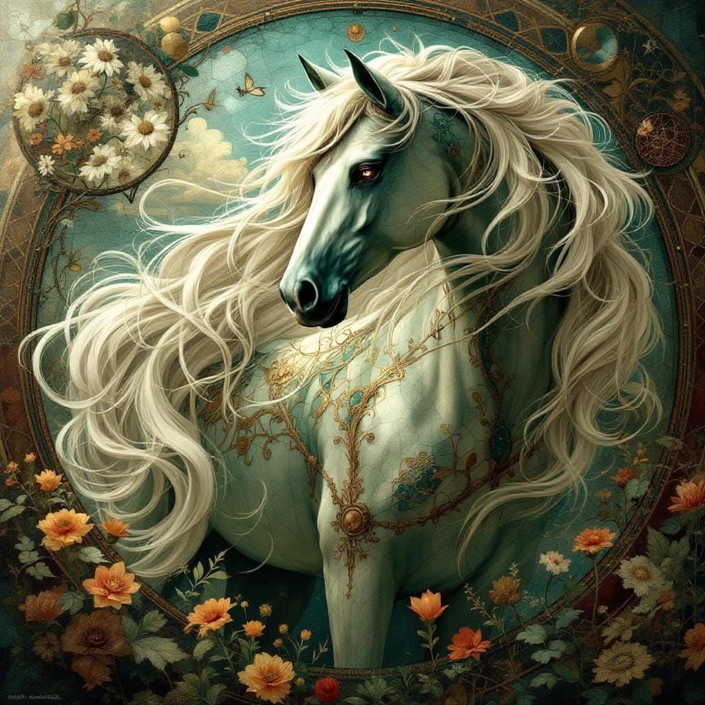 Elegant Art Nouveau Horse in Stained-Glass Cubism