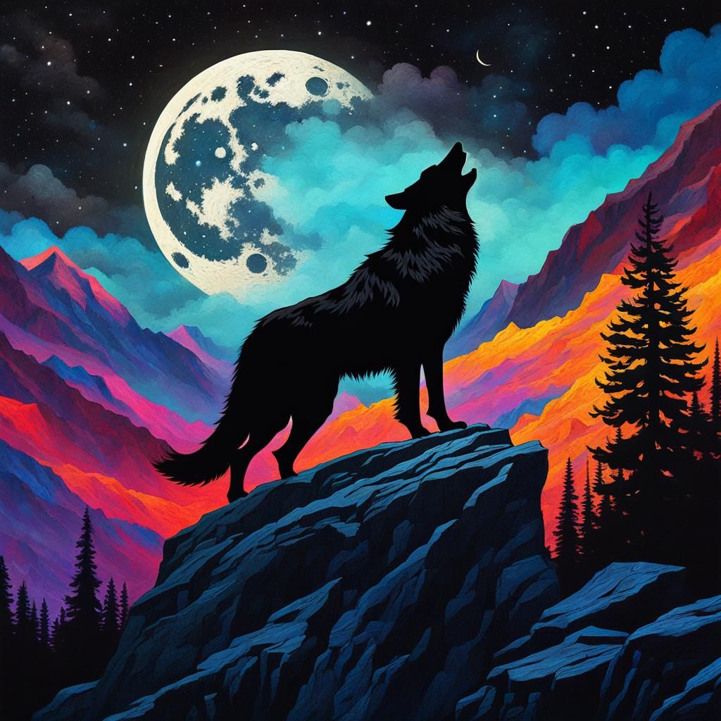 Mysterious Wolf Howling at Moon in Expressionist Style