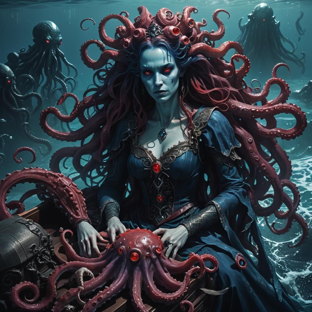 Eerie Sorceress and Cthulhu in Moody Ocean Film Still
