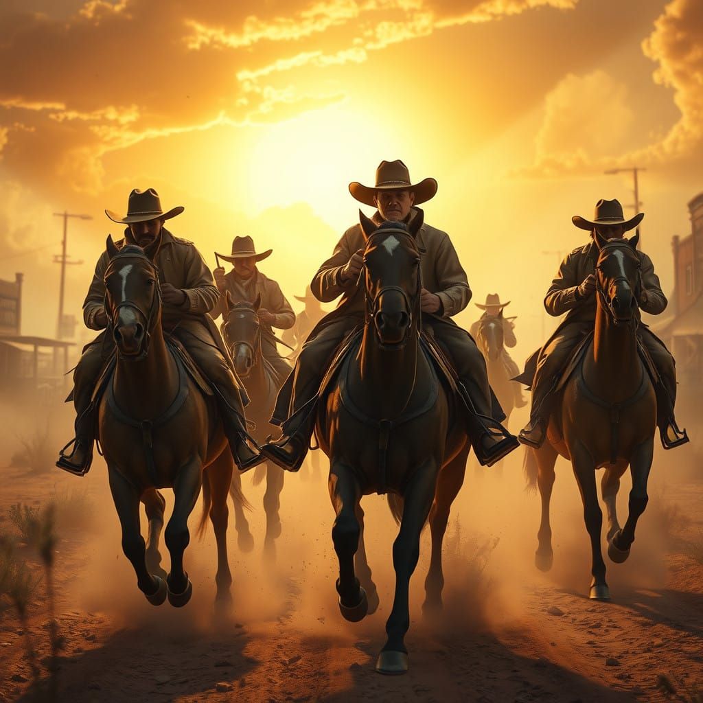 Cowboys Galloping into a Texas Town Amidst a Swirling Dust S...
