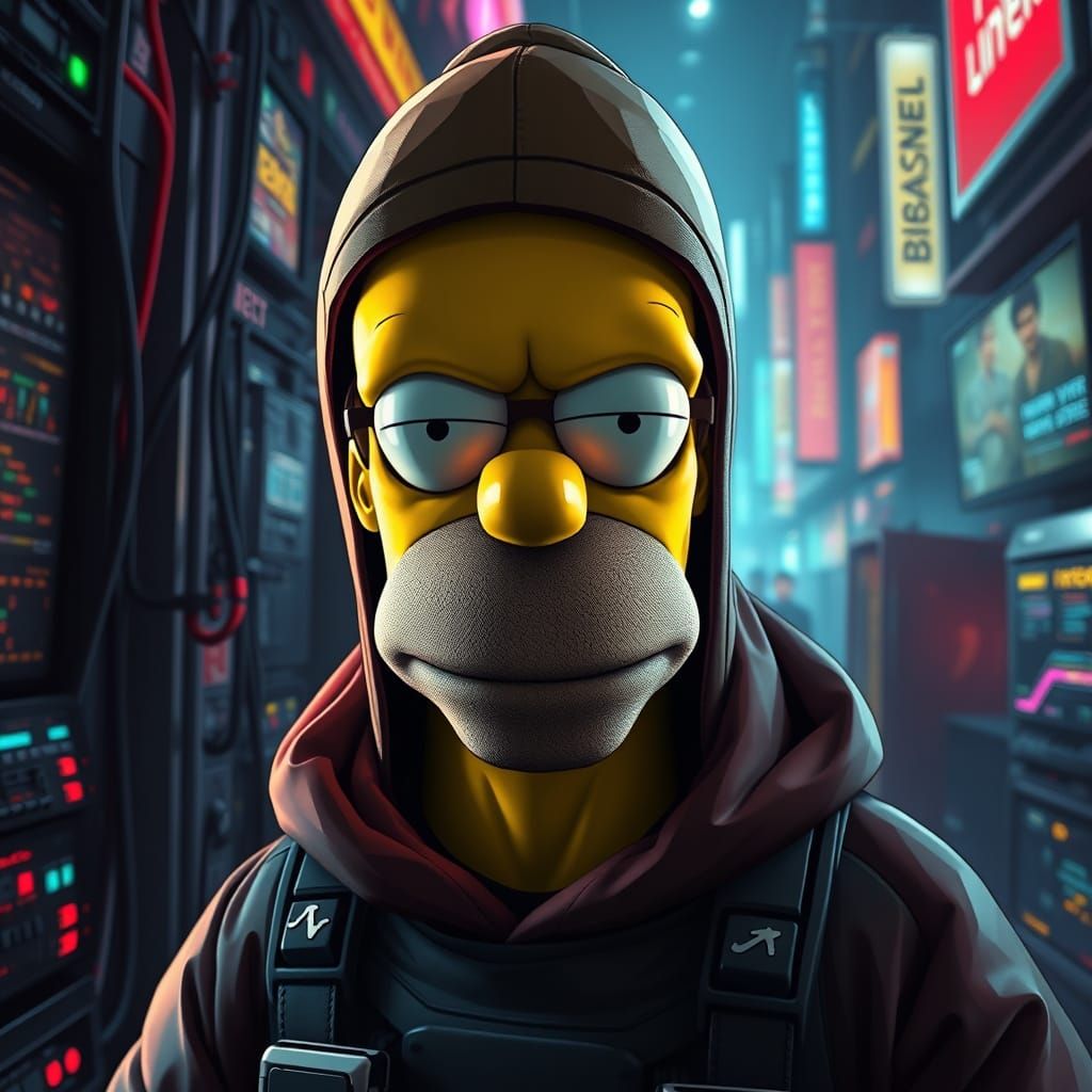 Hyperrealistic Cyberpunk Homer Simpson Hacker in Gritty City...