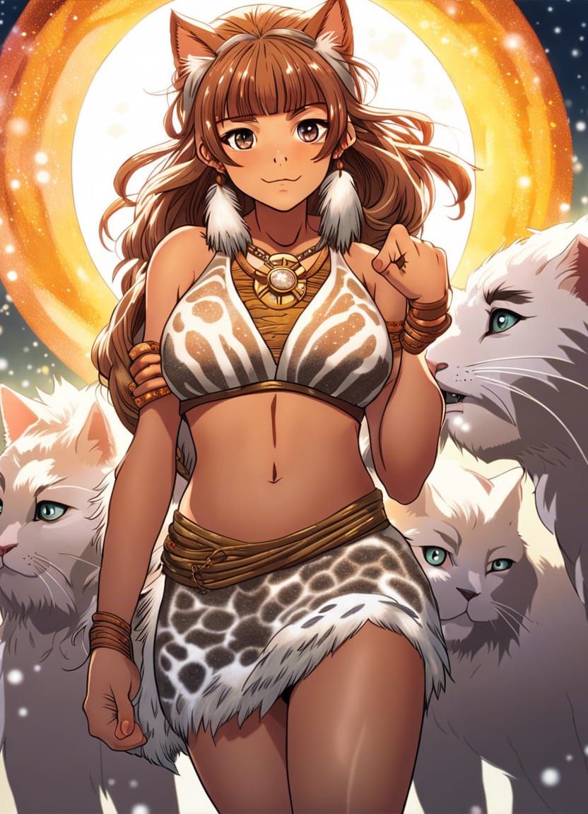 Neolithic Cat-Girl in Ukiyo-e Anime Style